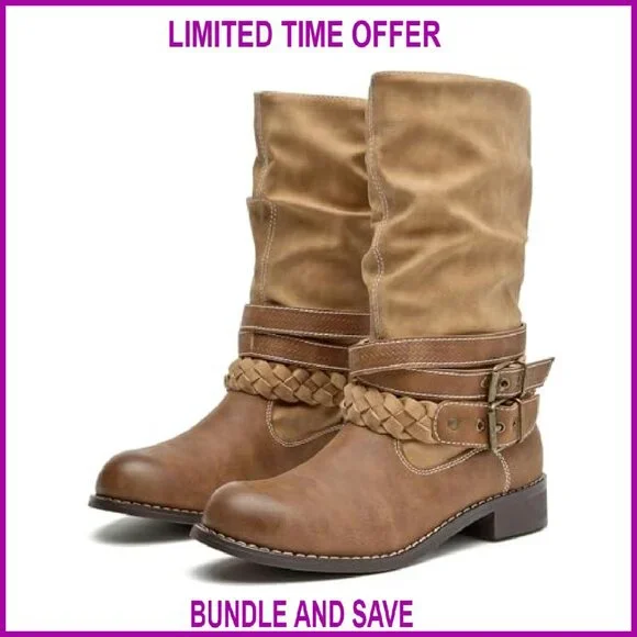 Women's Mid-Calf Motorcycle Boots Buckle Straps Pull-On Low Heel Slouchy